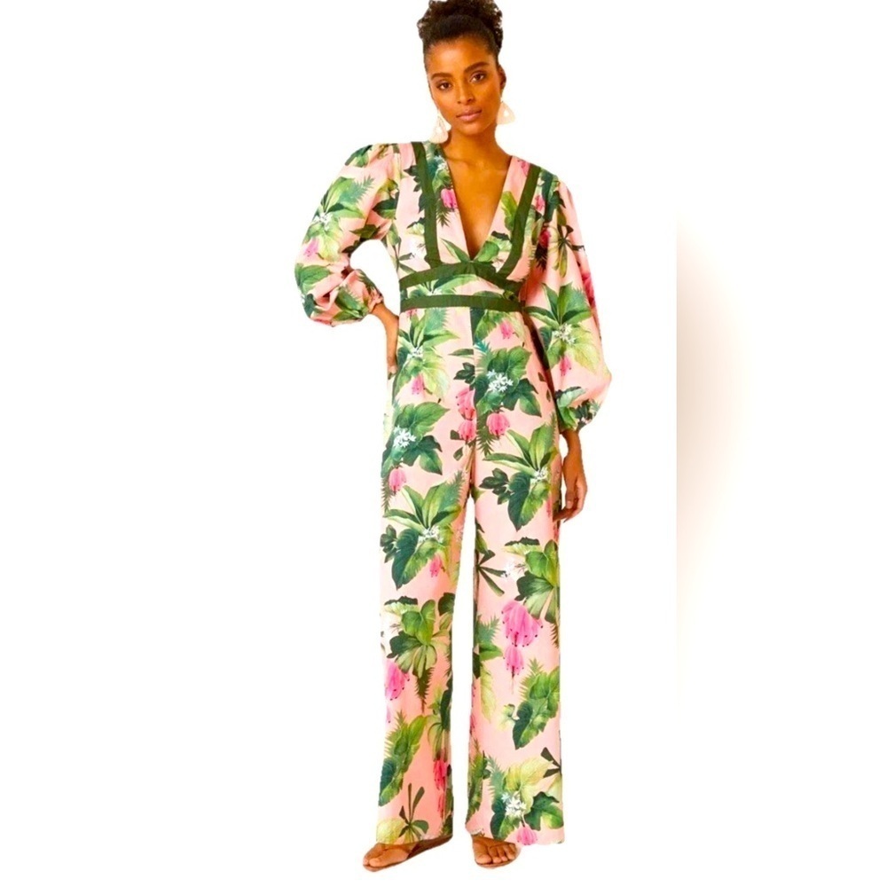 Farm Rio Anthropologie Deep-V Wide Leg Jumpsuit Tropical Floral Pink NWT Sz XS